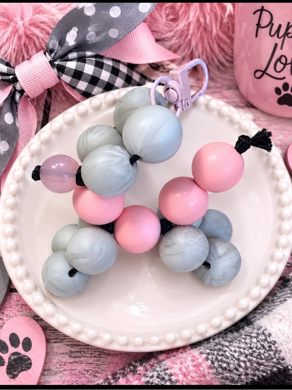 Hand Crafted Pink & Light Gray Silicone Beaded Balloon Dog Keychain